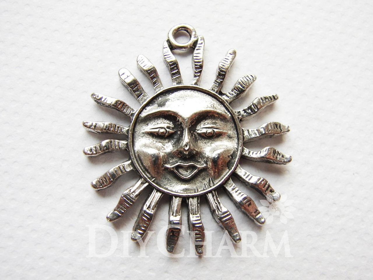 Antique Silver Sleeping Sun Apollo With Shine Charms 30x30mm - 5pcs - Df24284